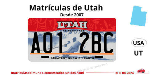 Matrícula de coche de Utah actual con código USA