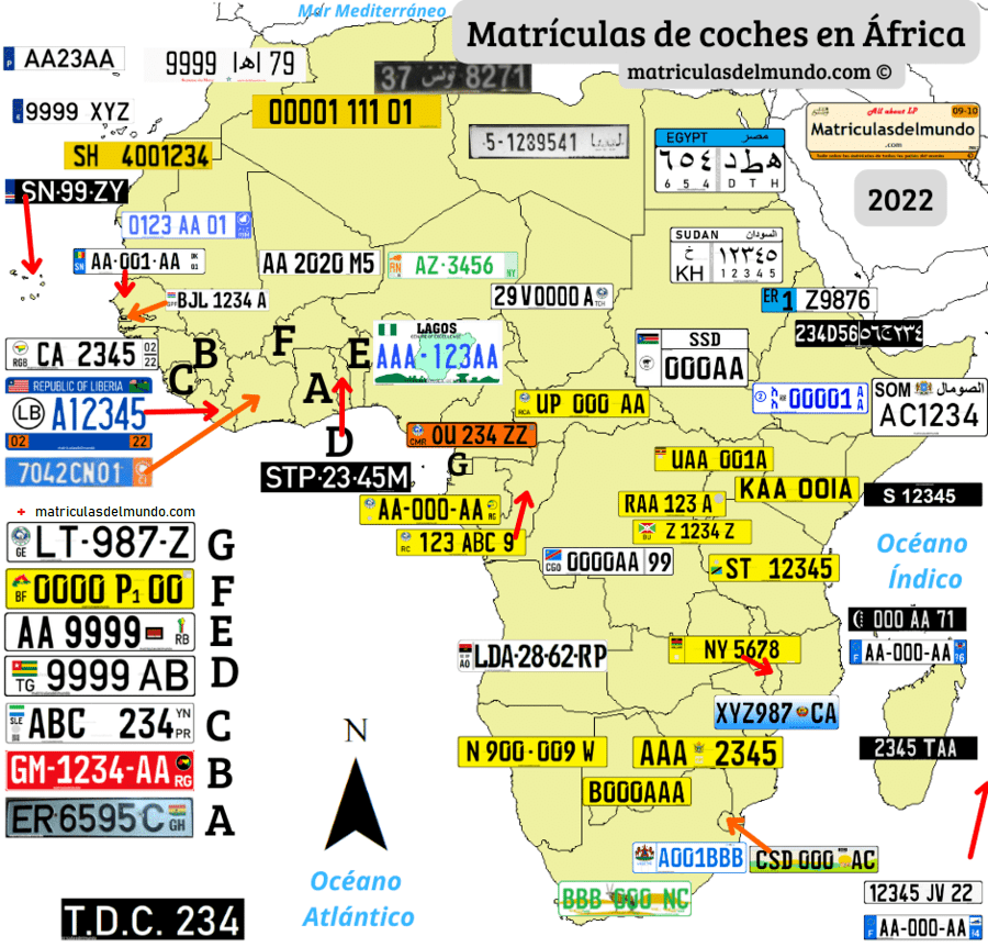 Todas las matrículas de coches de África actuales con ejemplos