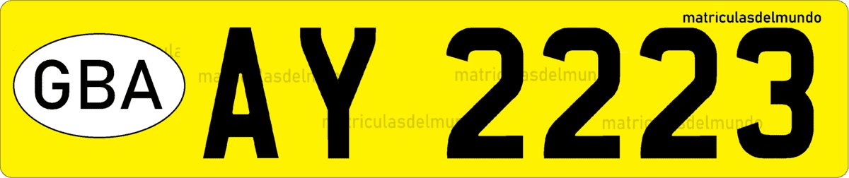 Yellow Alderney car license plate with GBA oval