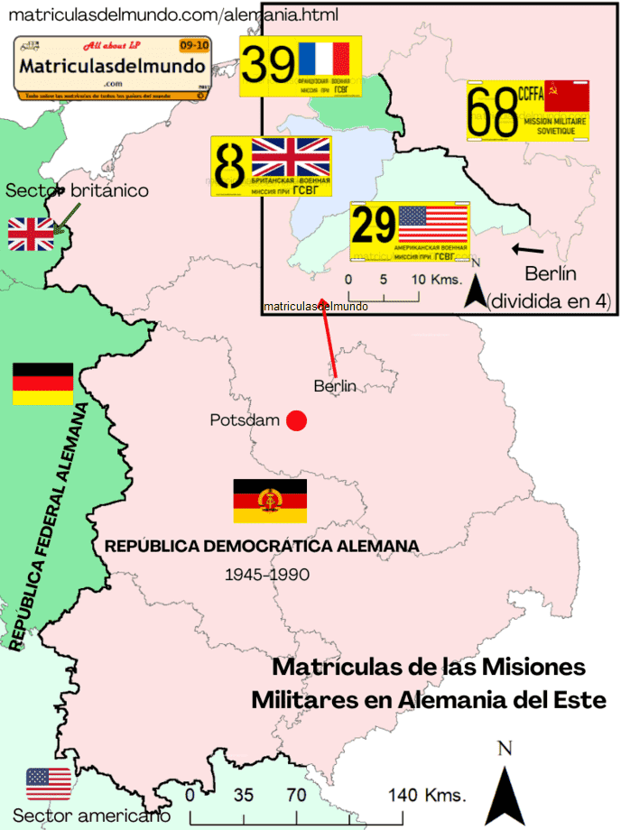 Mapa de las matrículas utilizadas por las misiones militares en Alemania del Este y Berlín
