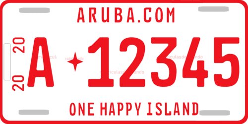 Car license plate of Aruba from 2020 One Happy Island, red color