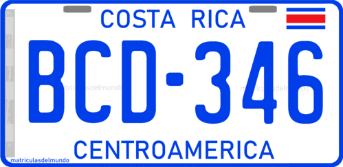 Matrícula actual de Costa Rica desde 2012 de ejemplo con letra azules BCD-346