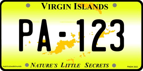British Virgin Islands car license plate, PA123 yellow Nature’s Little Secrets