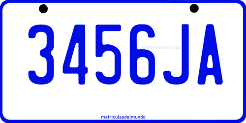 Matrícula de coche actual de Jamaica con letras azules 3456JA