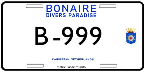 Matrícula de coche de Bonaire de antillas Divers Paradise con letras en negro B999
