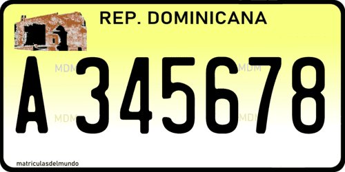 Car license plate of the Dominican Republic with a yellow background A345678