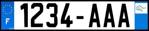 Current overseas French license plate of Saint Martin, example 1234AAA