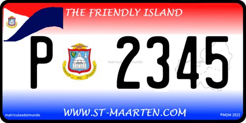 License plate of Sint Maarten (Dutch part) with slogan 'The Friendly Island,' example P2345 with flag