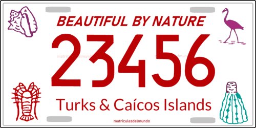License plate of Turks and Caicos with slogan 'Beautiful by nature,' example 23456 with animal emblem