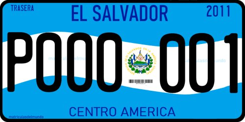 License plate of El Salvador with flag and coat of arms background for private vehicle P000001 in Central America