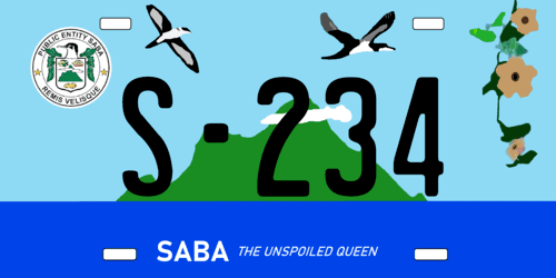 Matrícula de coche de Saba en Antillas Holandesas The Unspoiled Queen S234 con paisaje de fondo