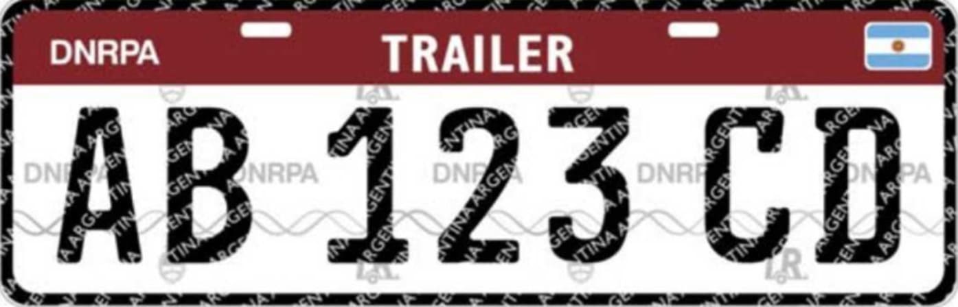 Ejemplo de patente de remolque de Argentina con fondo rojo y letras TRAILER