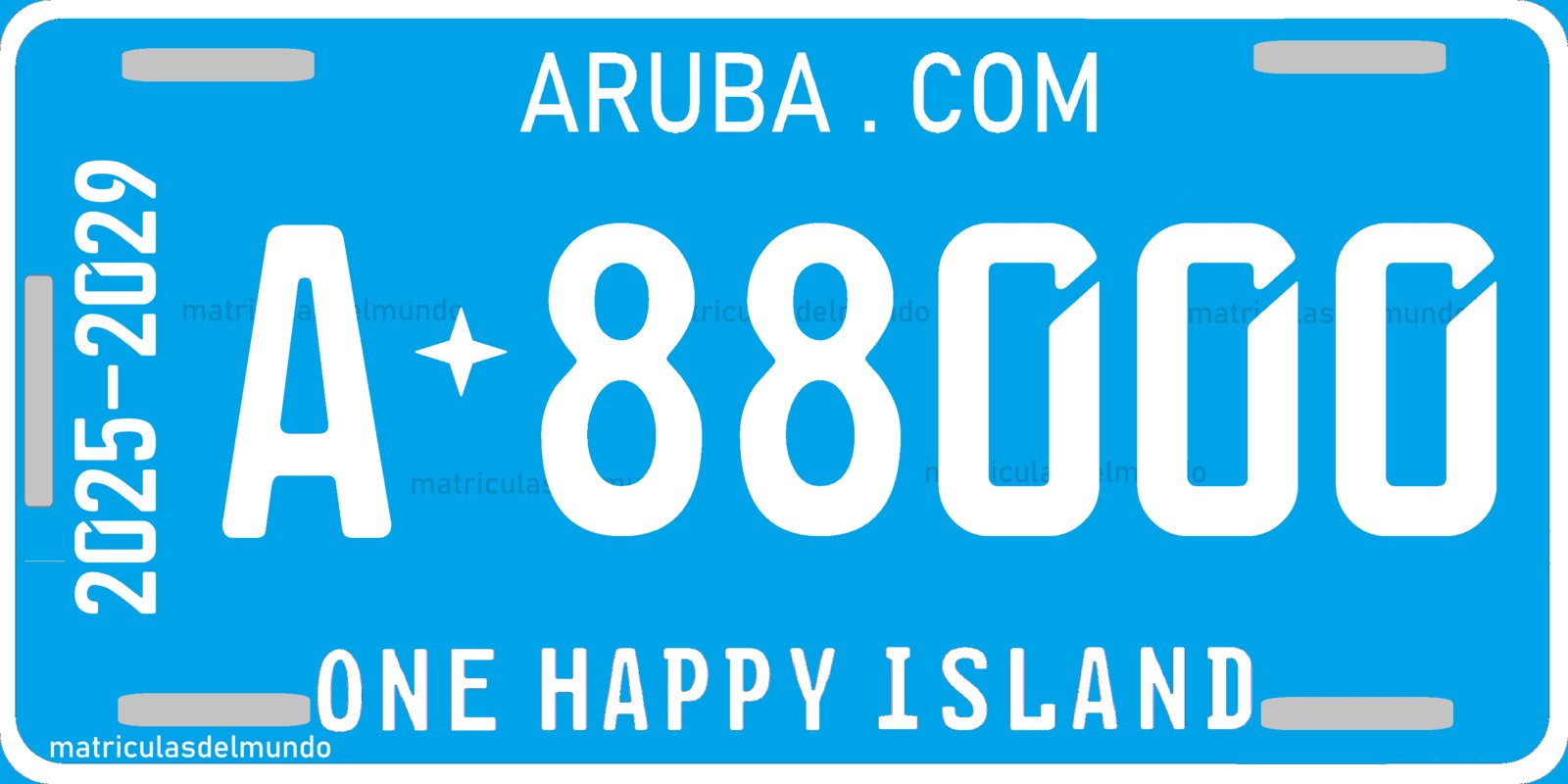 Current Aruba License Plate from 2025 with the ONE HAPPY ISLAND slogan in blue as an example