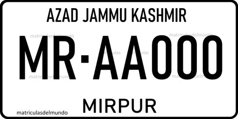 Current Pakistan white car license plate in Asia, example MR-AA-000