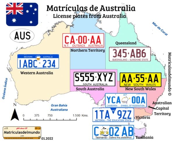 Mapa de matrículas de los estados y territorios de Australia con ejemplos