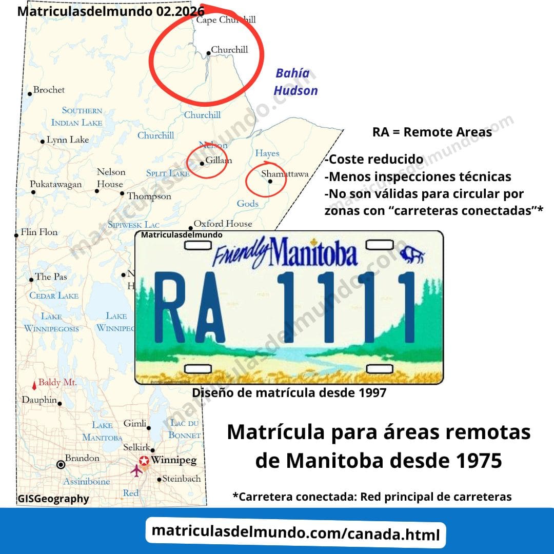 Mapa de Manitoba con matrícula local con letras RA