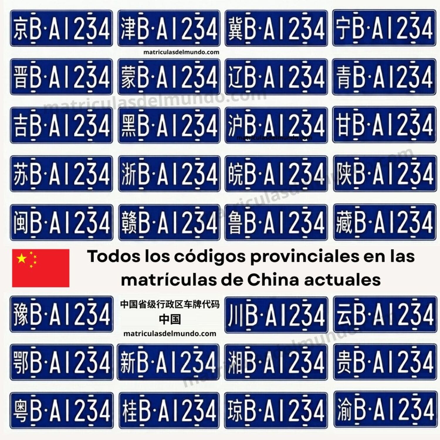 Todas las matrículas provinciales de China con códigos de cada provincia y región administrativa en formato azul estándar