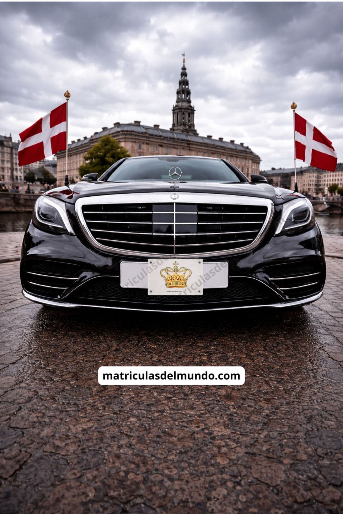 Mercedes oficial danés con matrícula real y banderas nacionales