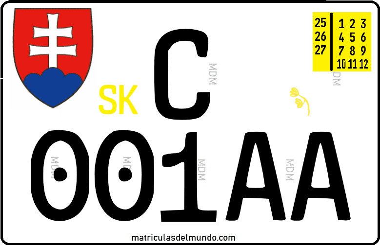 Matrícula de Eslovaquia con letra C para vehículo importado individualmente, con escudo y pegatina