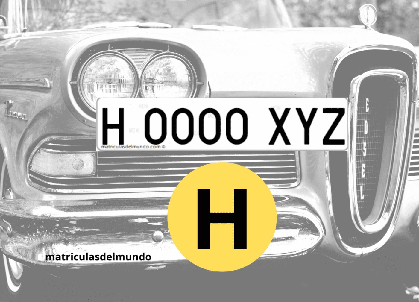Nuevo reglamento de las matrículas de coche antiguos de España Imagen de un coche antiguo y una matrícula de vehículo histórico más pegatina amarilla circular con letra H