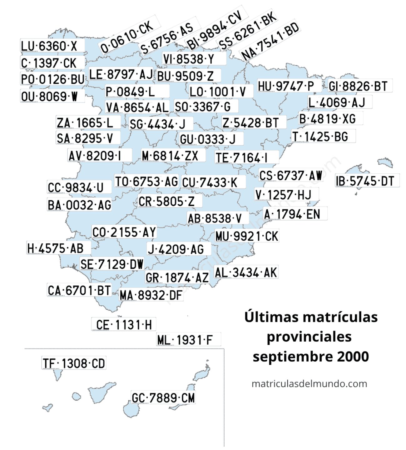 Listado completo en mapa de las últimas matrículas por provincia de España