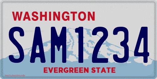Current Washington American car license plate with EVERGREEN STATE slogan