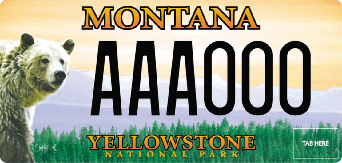 Matrícula actual especial de Montana con diseño Yellowstone National Park y oso en Estados Unidos
