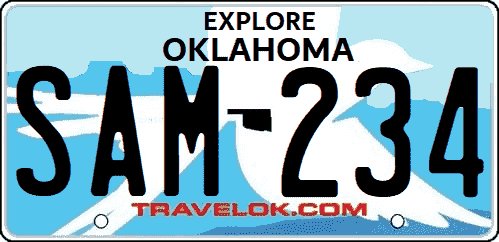 Oklahoma license plate with TRAVELOK slogan and bird design