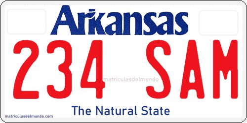 Arkansas car license plate from the old system with the motto The Natural State