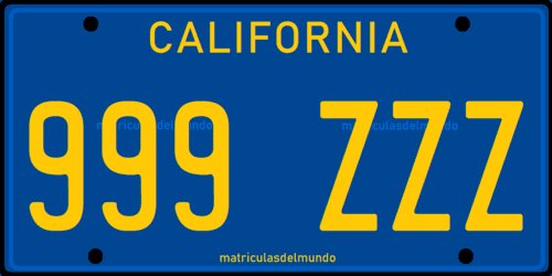 Matrícula de coche de California con el sistema antiguo de fondo azul 999ZZZ Matrícula de coche de California del sistema anterior con fondo azul y letras amarillas con la configuración antigua 999ZZZ