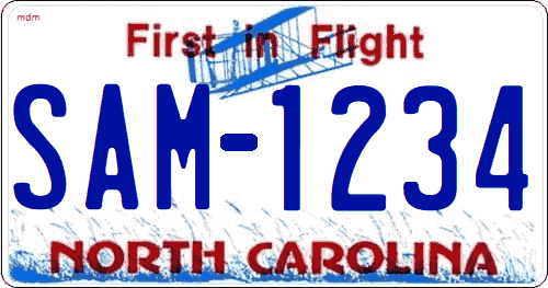 Matrícula de Carolina de Norte para coche actual Frist in Flight