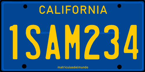 Matrícula de coche de California del sistema anterior con fondo azul y letras amarillas con la configuración actual