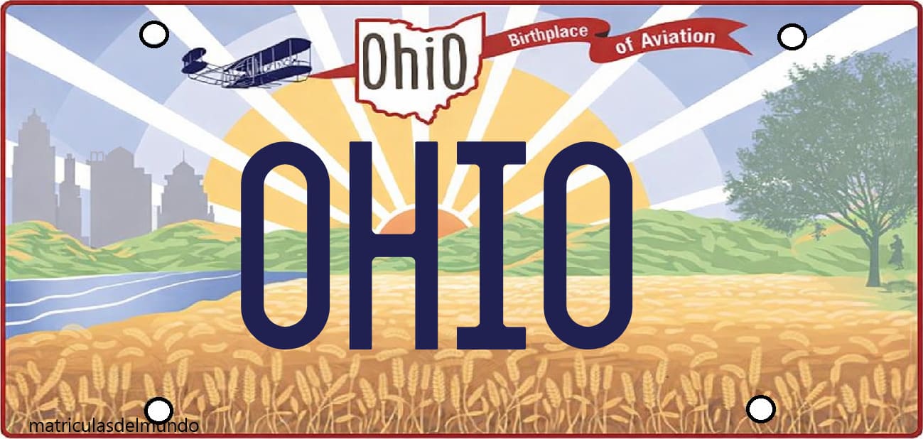 Matrícula personalizada de Ohio con diseño moderno y lema Birthplace of Aviation