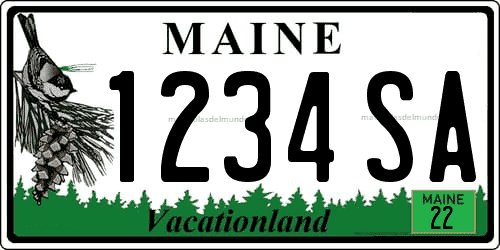 Matrícula americana de coche con pájaro de Maine de ejemplo Matrícula de coche americano de Maine con frase Vacationland de ejemplo 1234SA