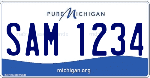 Matrícula de coche americano de Michigan con frase Pure Michigan con fondo azul