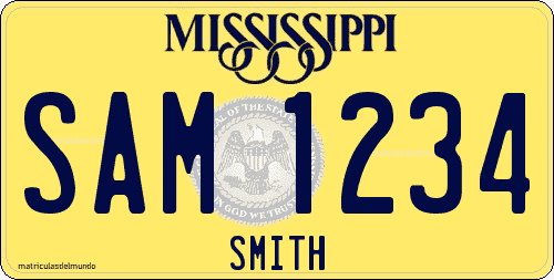 Matrícula americana de coche actual de Mississippi de ejemplo del condado de Smith Matrícula de coche de Mississippi actual amarilla con escudo del condado de Smith