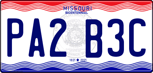 Matrícula de coche de Missouri actual desde 2018 con bandera de fondo