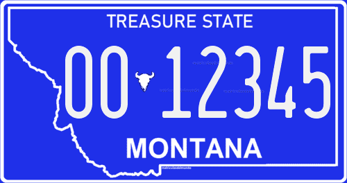 Matrícula de coche de Montana desde el año 2010 con fondo azul y contorno de mapa TREASURE STATE