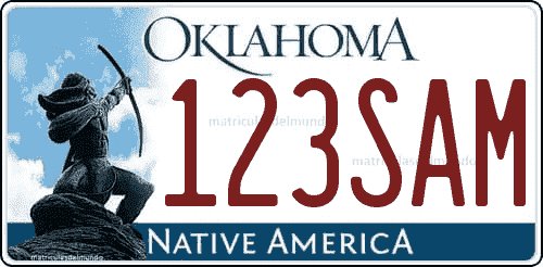Oklahoma license plate NATIVE AMERICA with Sacred Rain Arrow and blue tone