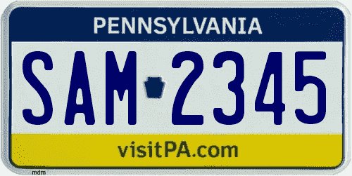 Matrícula de coche de Pennsylvania actual con lema VISITPA.COM Matrícula americana de coche de Pennsylvania con colores amarillo y azul VISITPA