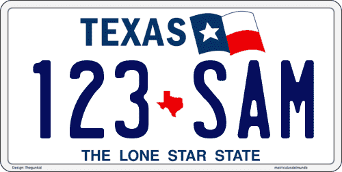 matricula americana de coche de Texas blanca y con bandera en grande arriba. Lema THE LONE STAR STATE