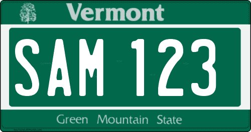 Matrícula de coche Vermont con su característico fondo verde y lema Green Mountain State Matrícula de coche americana de Vermont actual con fondo verde y árbol arce con lema green mountain state