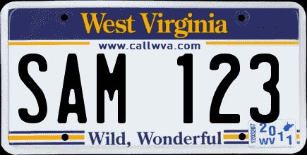 American car license plate from West Virginia with phrase www.callwva.com and Wild, Wonderful