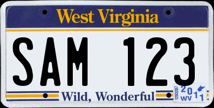 American license plate from West Virginia with the motto Wild, Wonderful and blue color