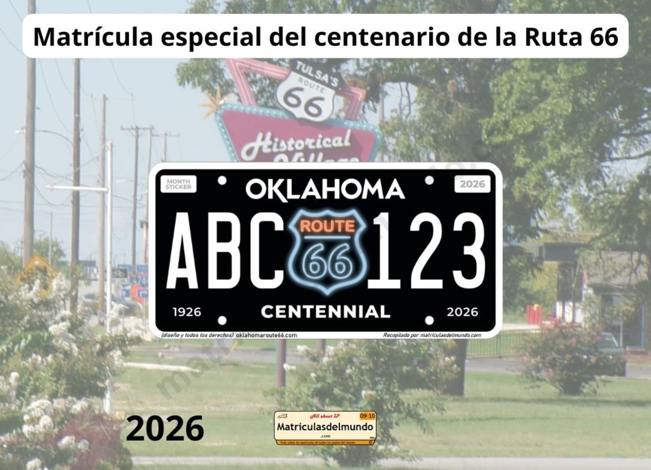 Matrícula especial de Oklahoma Route 66 con fondo real de la carretera