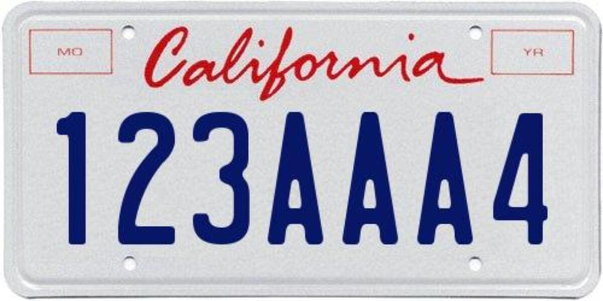 New California license plate from the 2026 system with combination 123AAA4