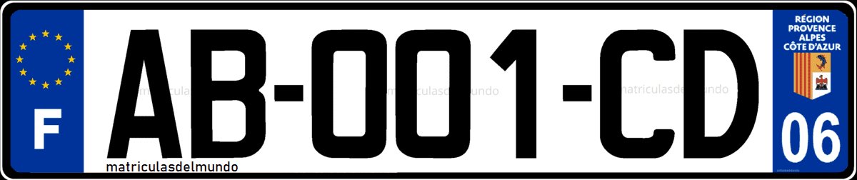 Ejemplo de matrícula de coche de Francia actual del departamento 06