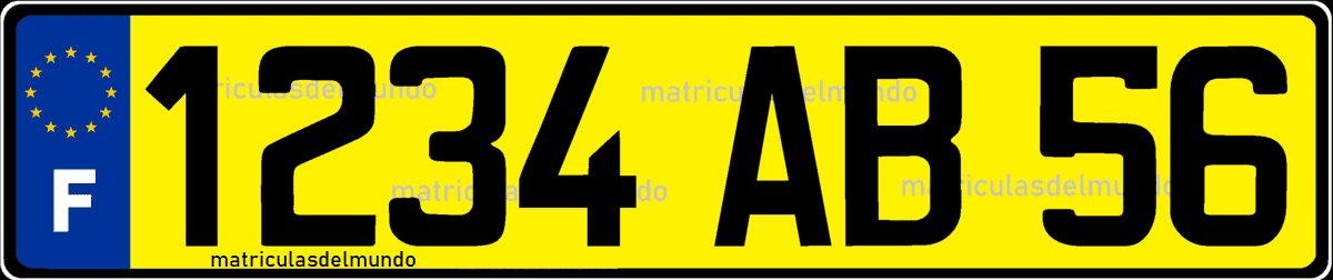Antigua matrícula de coche de Francia con fondo amarillo y eurobanda de ejemplo trasera