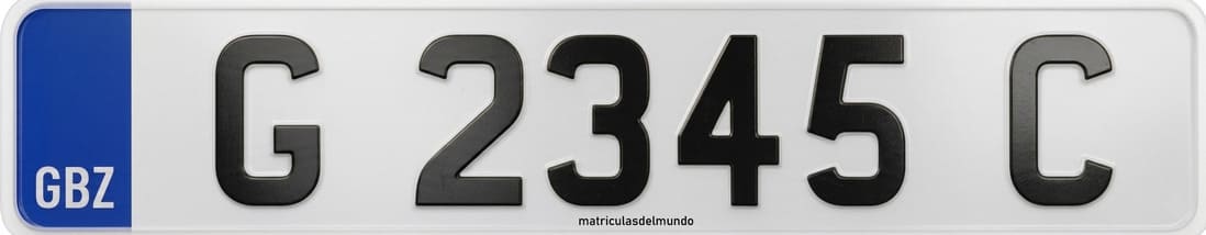 Front Gibraltar license plate on white background, current standard system