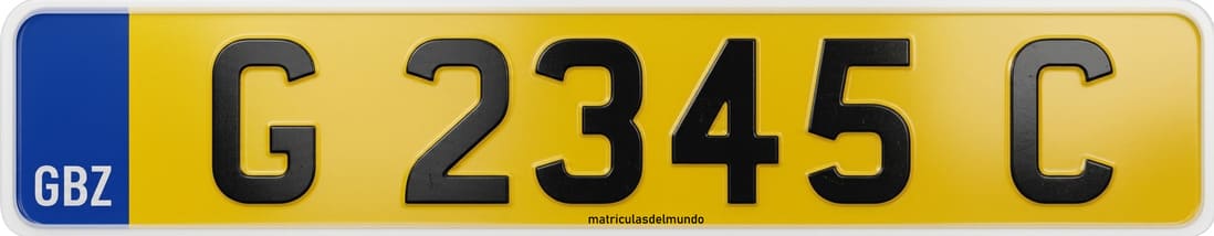 Rear Gibraltar license plate on yellow background, current standard system
